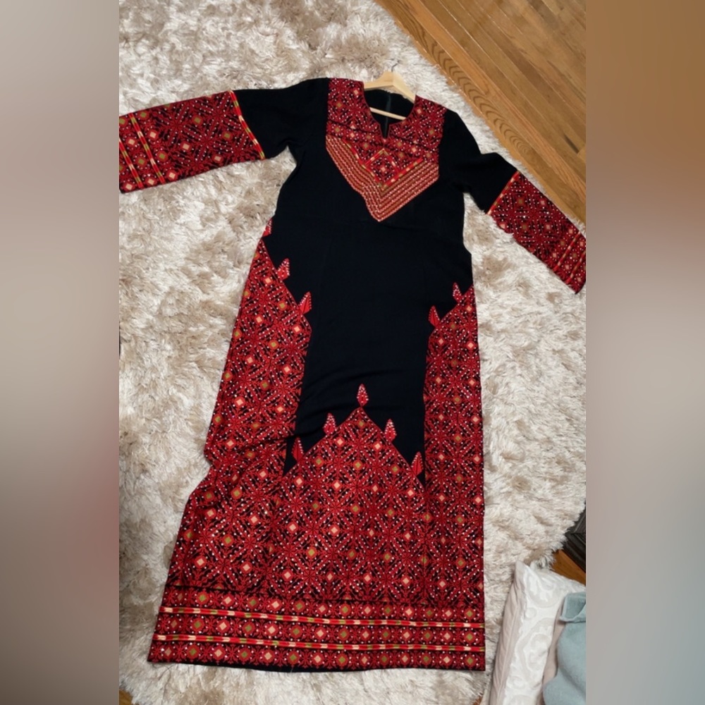 Red black and green Palestinian thobe with gems and belt included